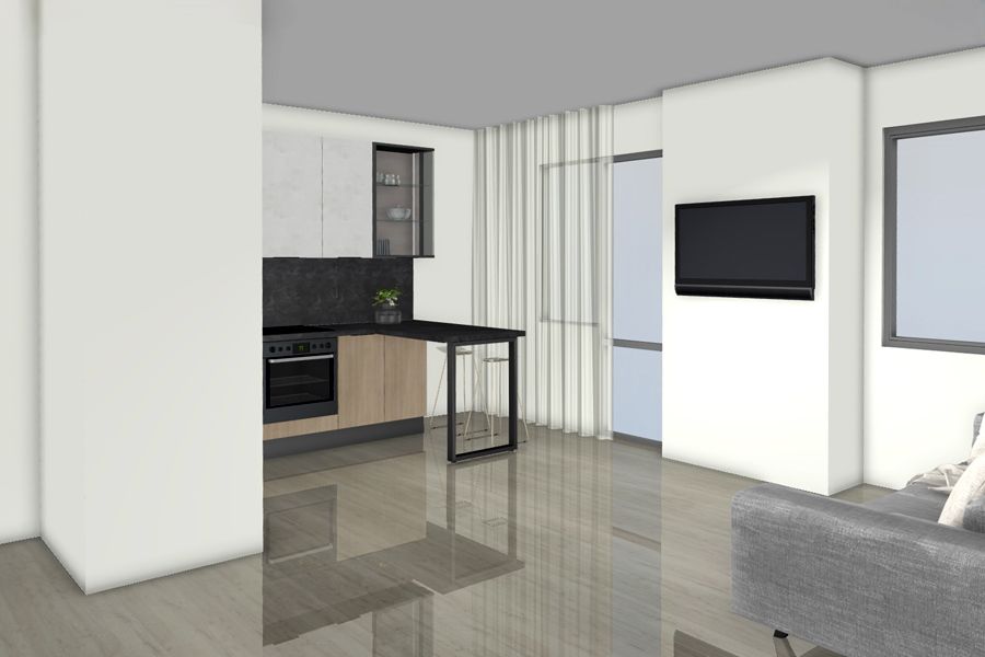 Вариант проекта с барной стойкой и навесным шкафом-витриной