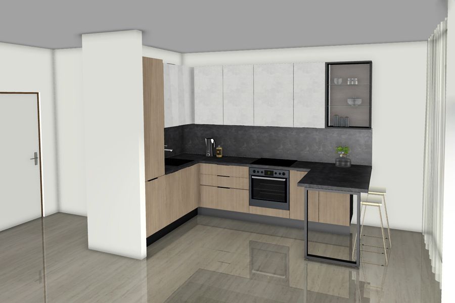 Вариант проекта с барной стойкой и навесным шкафом-витриной