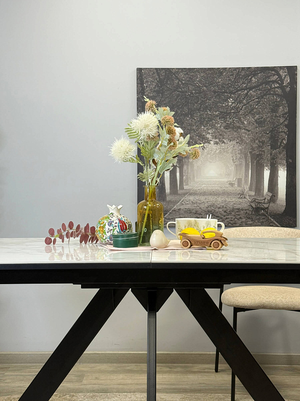 Стол обеденный Kenner DL1600 Черный / Мрамор белый глянец